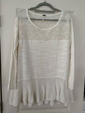 Free People Ivory Crochet Yoke Long Sleeve Ruffle bottom Hem top